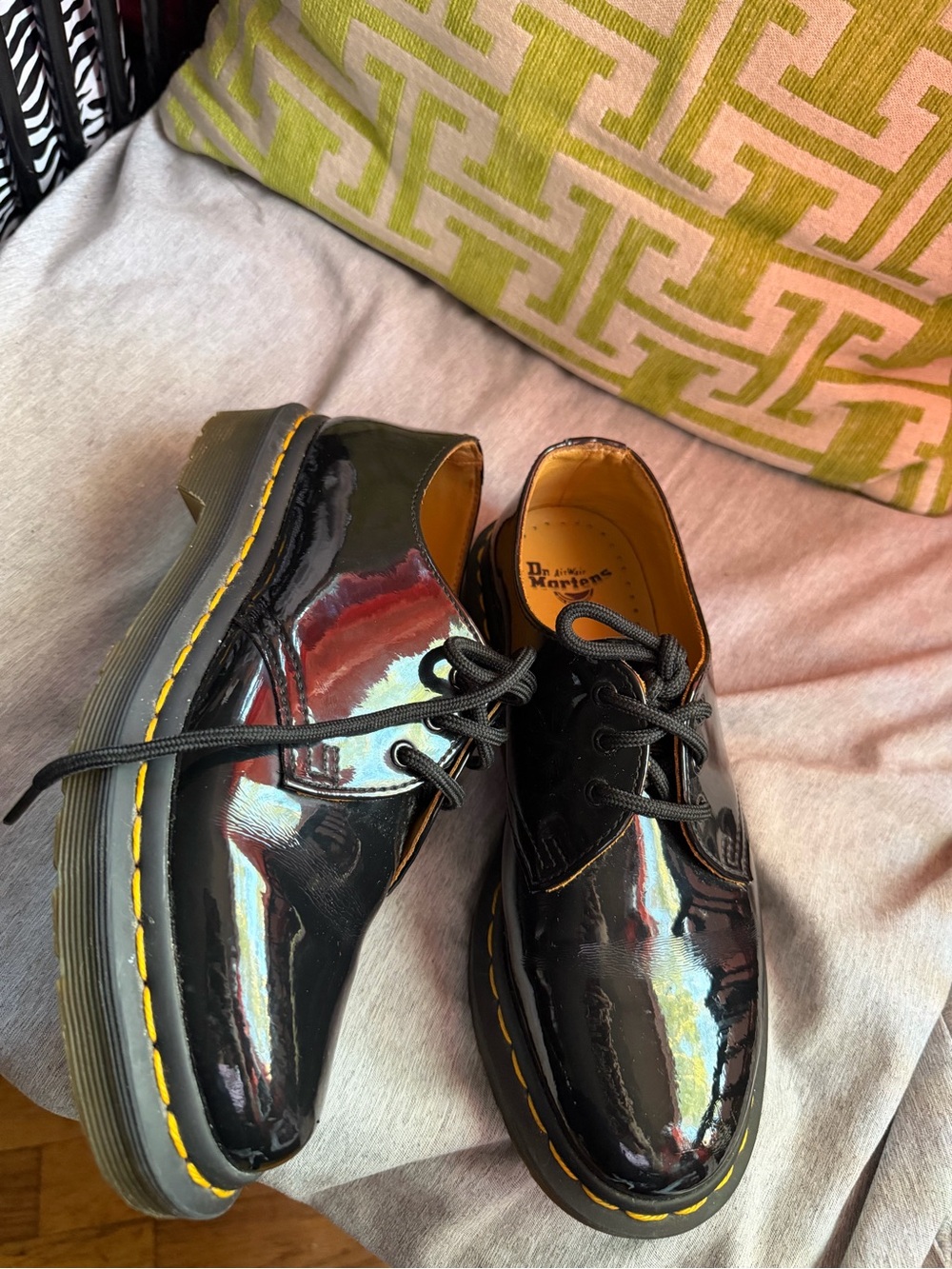 Dr. Martens Black Patent 3-Eye Derby with Yellow Stitching